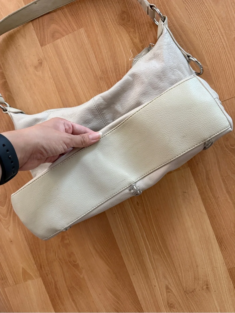 Vintage leather White Stitched Hobo Bag with Tassel